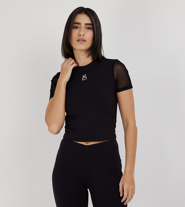 CROPPED MESH SLEEVE T-SHIRT_BLACK