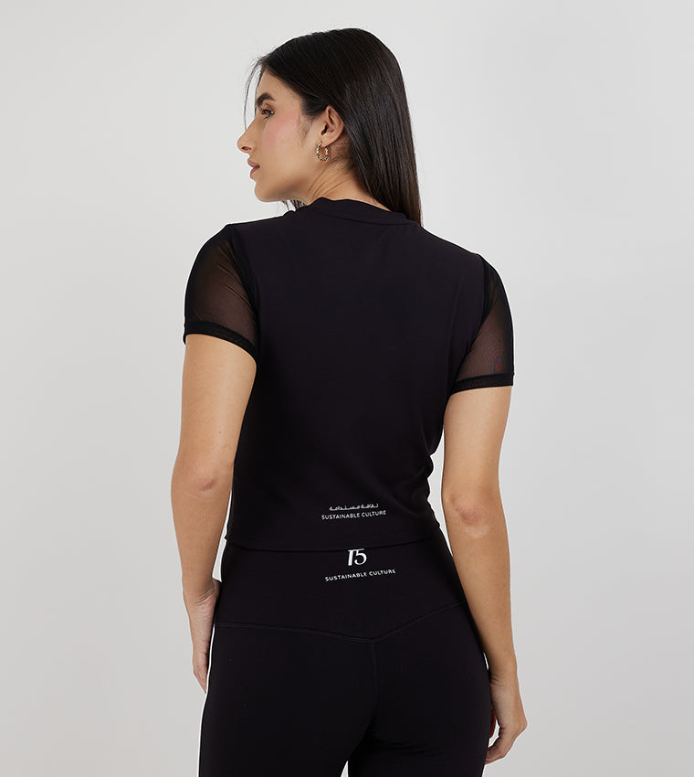 CROPPED MESH SLEEVE T-SHIRT_BLACK