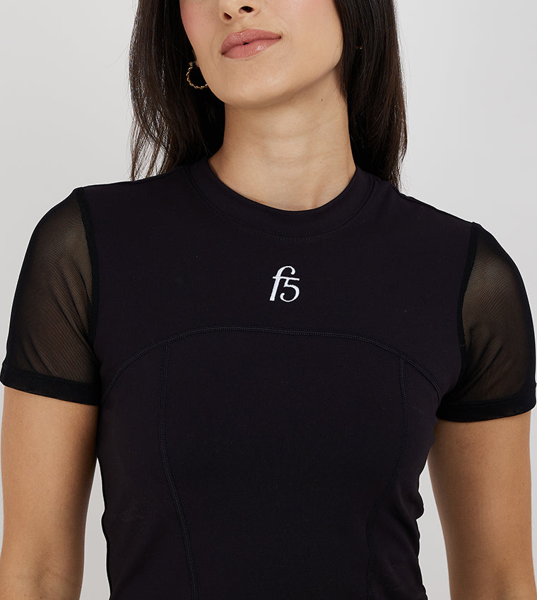 CROPPED MESH SLEEVE T-SHIRT_BLACK