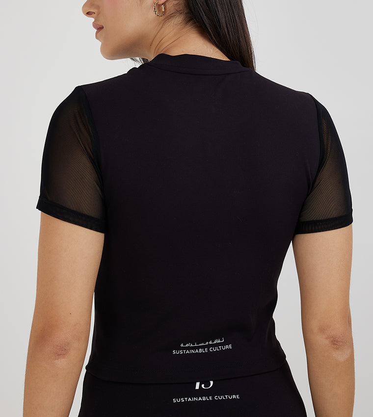 CROPPED MESH SLEEVE T-SHIRT_BLACK