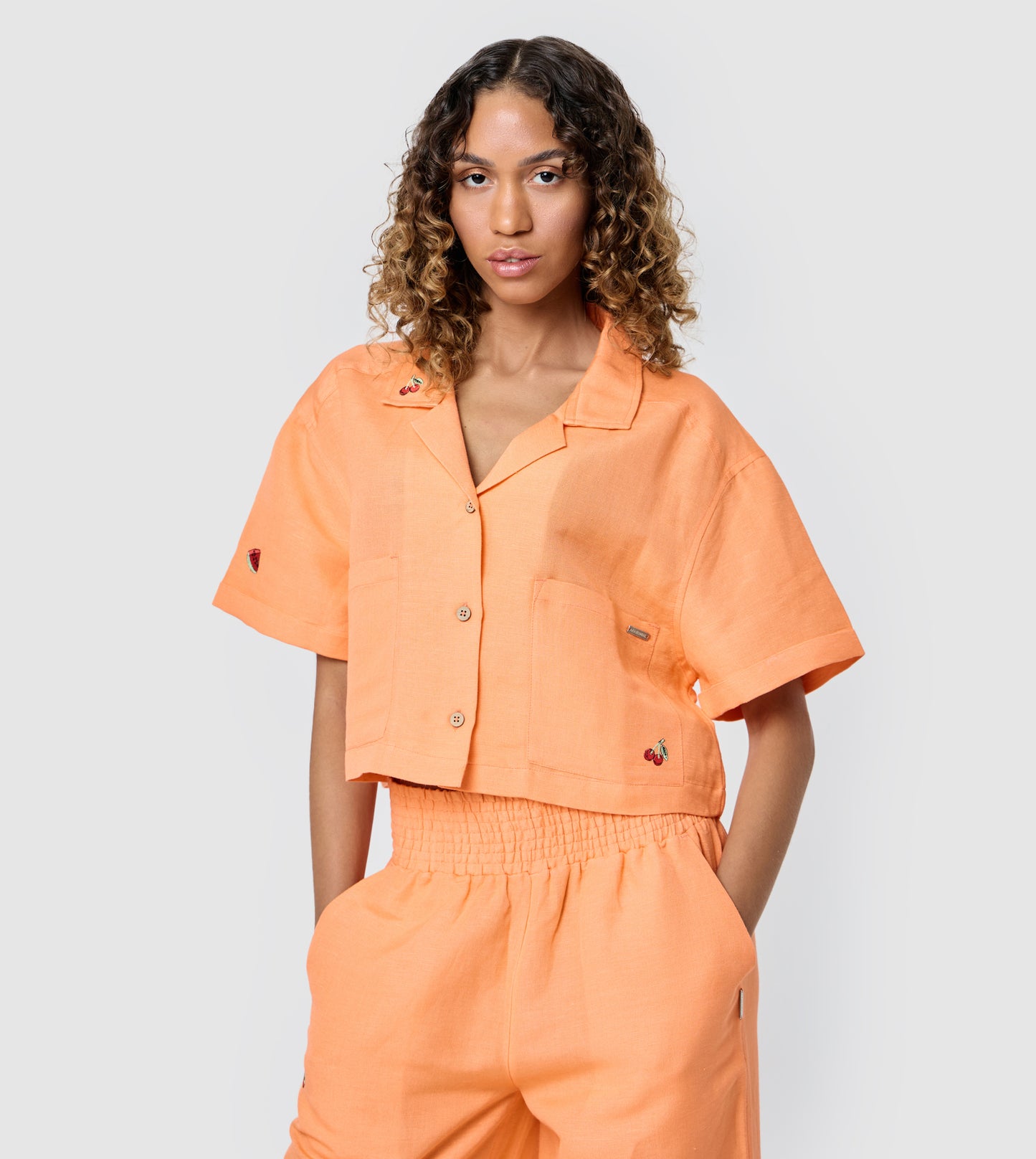 Women's Linen Embroidered Cropped Shirt