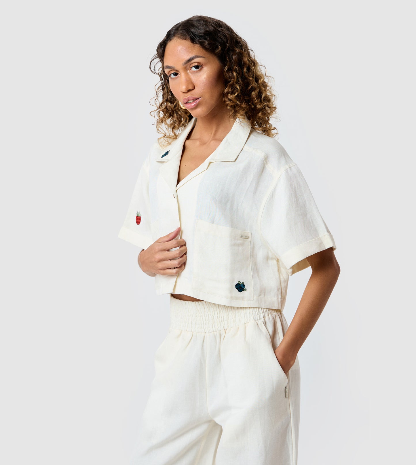 Women's Linen Embroidered Cropped Shirt