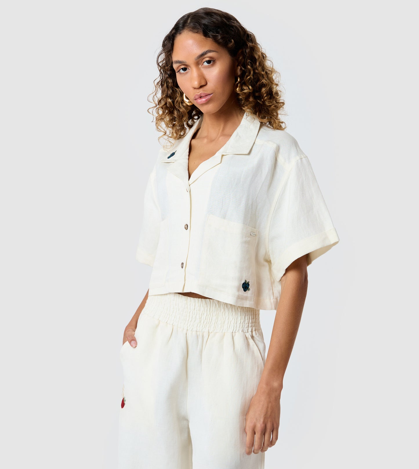 Women's Linen Embroidered Cropped Shirt