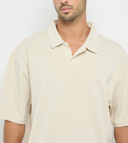 V-Neck Polo Shirt - Beige